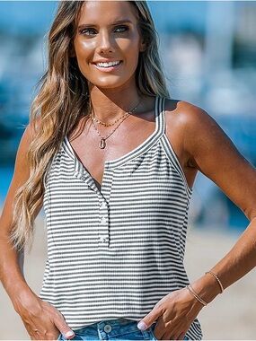Cupshe Black & White Striped Henley Tank